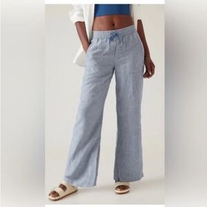 Athleta Retreat Linen 100% Wide Leg Pant Beachy in Chambray Blue Size 8